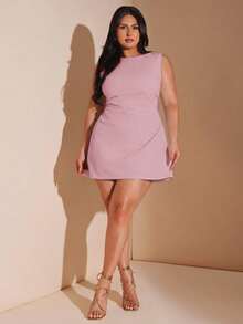 SHEIN BAE Plus Size Women's Red Ruched Mini Dress, Elegant Beach Vacation Dress For Spring/Summer Plus Size Dress Lilac Dress Plus - Pink - View 1