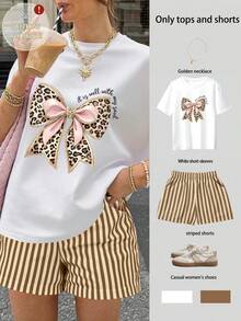 EMERY ROSE Women's Casual Leopard Bow Print T-Shirt And Striped Shorts 2-Piece Set, Summer - White - View 1