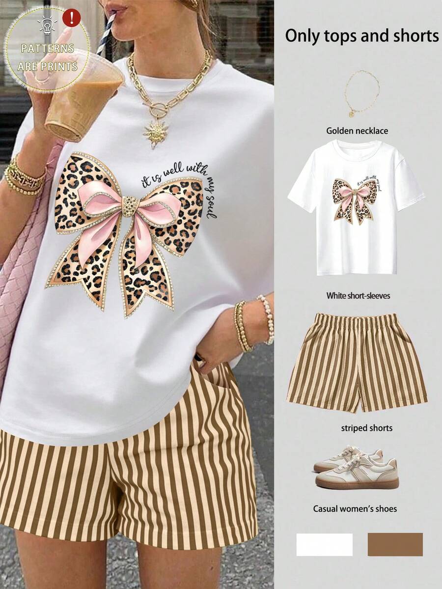 EMERY ROSE Women's Casual Leopard Bow Print T-Shirt And Striped Shorts 2-Piece Set, Summer - White - View 1