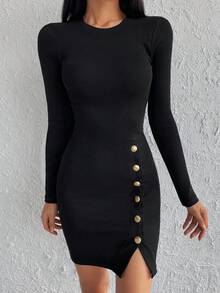 RueChic Button Detail Split Hem Bodycon Dress - Black - View 4