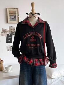 Sweetra Young Tween Girls' Casual Korean Style Sweatshirt, Woven Plaid Front Panel With Solid Knit Back, English Print, Long Sleeve Pullover Suitable For School, Outings, And Gatherings In Spring, Autumn, And Winter - Burgundy - View 4