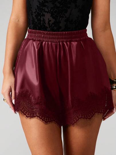 MISSGUIDED High Waisted Faux Leather Lace Trim Shorts Burgundy Floaty Festival Summer Evening Party Boho Chic Casual Feminine Style
