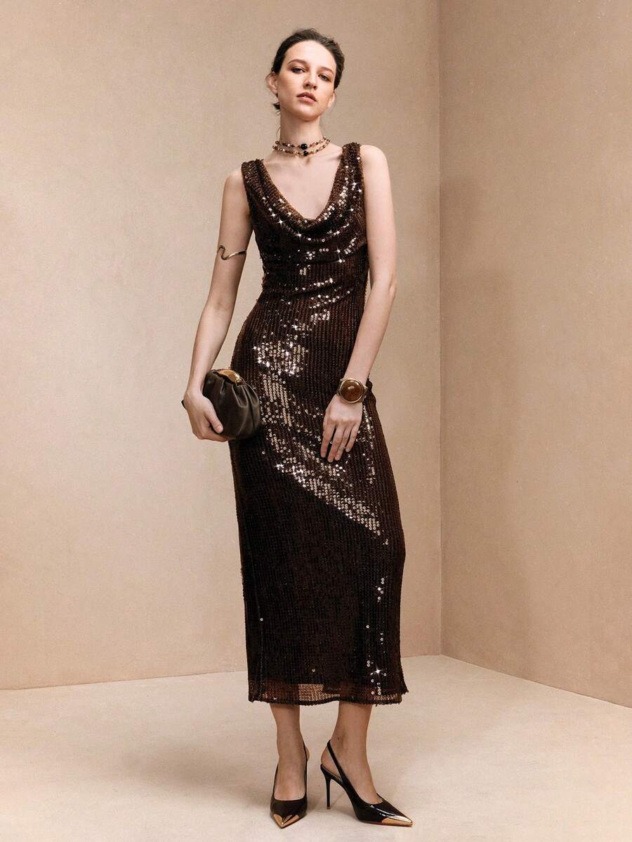 Arave 女款深棕色亮片布料無袖收腰貼身夏季優雅正餐現代派對長款婚禮禮服 - 咖啡棕 - 查看 1