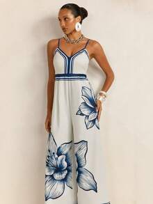 CAJUNI Macacão Alça Calça Wide Estampa Ocean