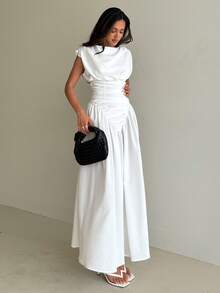 Aloruh Women's Spring/Summer New White Elegant Soft Artistic Elegant Fashionable Pleated Waist Flared Dress - White - View 2