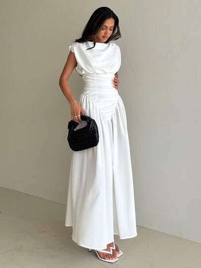 Aloruh Women's Spring/Summer New White Elegant Soft Artistic Elegant Fashionable Pleated Waist Flared Dress