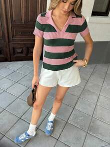 Pariaura 撞色条纹 Polo 领针织上衣，法式街头风，短袖夏季衬衫 - 粉色 - 查看 6