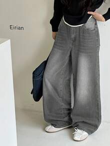 少女时尚休闲 Y2K 复古酷炫街头风，返校季、大学季、简约基础款、舒适复古风蓝色宽松牛仔裤，柔软舒适，适合日常穿着、秋冬季节、锐舞派对、居家休闲等各种场合。 - 灰色 - 查看 3