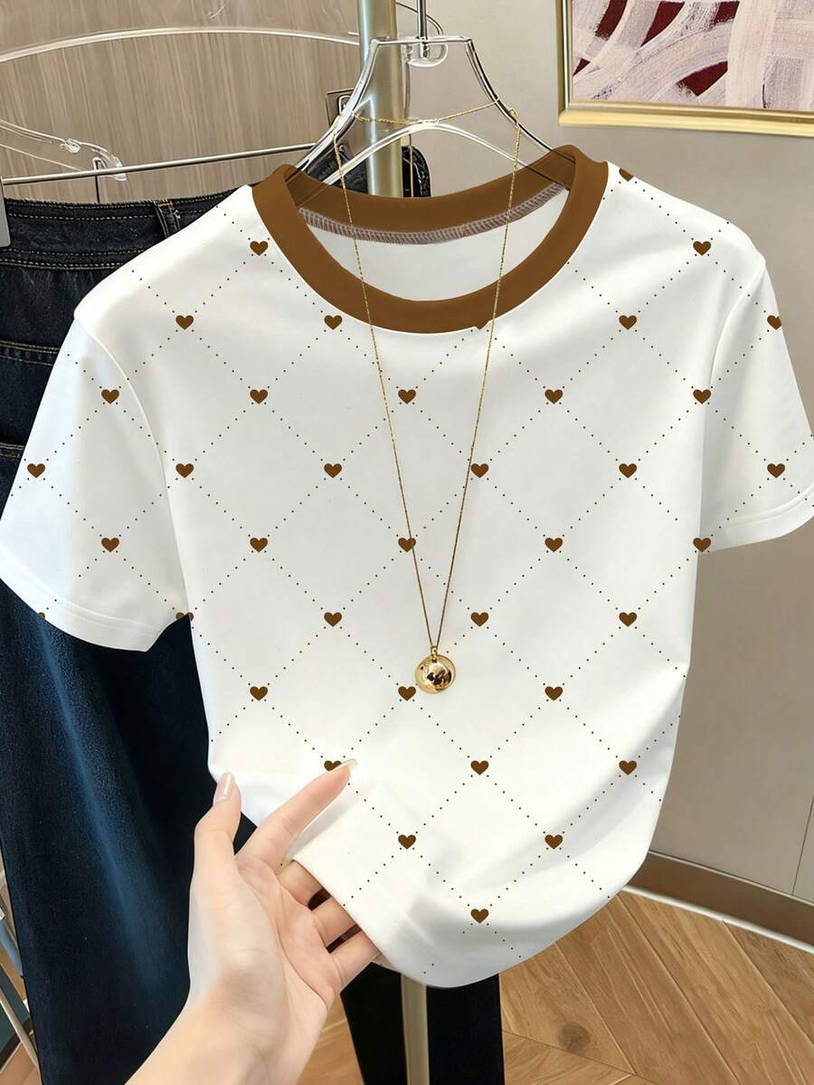 Resyla Women's Heart & Polka Dot Allover Diamond Pattern Round Neck Short Sleeve T-Shirt - White - View 1