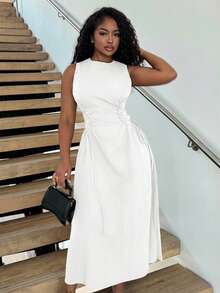 Alexandranx Black Date Night Lateral Cross Frenulum Solid Ruched Detail Long Dress,White Graduation Dress - White - View 4