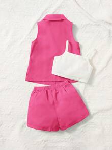 SHEIN Baby Girl Woven Lapel Collar Sleeveless Jacket, Solid Color Camisole And Shorts Casual Outfit - Hot Pink - View 2