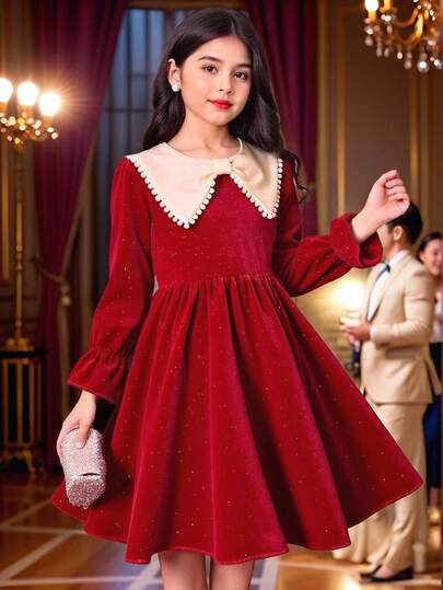 Elladie kids Autumn Teen Girls Soft & Comfortable Long Sleeve Sequin Faux Pearl Collar Dress, Elegant & Versatile Red Dress Suitable For Various Occasions: Christmas, Gatherings, Parties, Birthdays, Celebrations, Events, Spring/Autumn/Winter