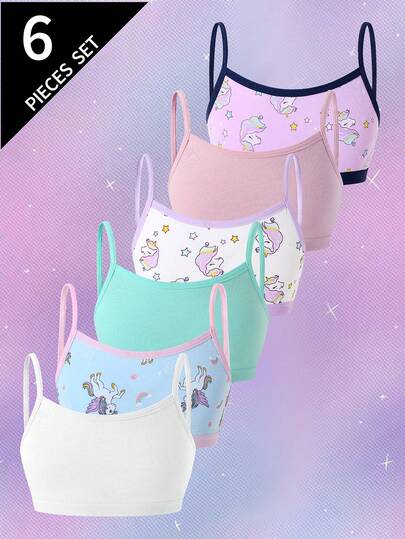 Young Girls Undershirt-6 Pack Girls Unicorn Print Camisole Set Pastel Pink Purple Mint White Navy Spaghetti Strap Top Round Neck Long Sleeve Long Pants Skirt Options Layering Comfortable Everyday Sleep Play All Year 2026 Holiday Essential