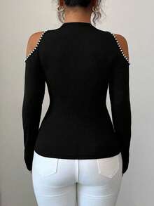 Elenzga Áo thun dài tay trễ vai thanh lịch màu trơn dành cho nữ cỡ lớn, đính ngọc trai giả. - màu đen - Xem 2