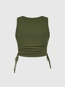 ROMWE Hippie 大码嬉皮复古音乐节刺绣向日葵背心和不对称荷叶边半裙两件套 - 軍綠色 - 查看 7