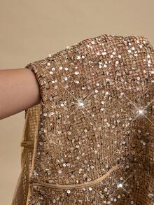 SHEIN BAE 纯色性感深V领露背卡其色亮片优雅迷你连衣裙，适合海滩度假、夏季婚礼宾客、波西米亚风优雅海滩正式晚礼服、度假派对、海滩假日短裙等场合。 - 咖啡棕 - 查看 9