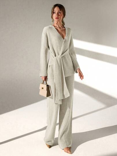 CLARA VERO Women Tie Detailed Cardigan And Sweater Pant Knit Two Piece Set Co-Ord Beige Outfits For Women Co-Ords Sets Women Neutral Clothes For Women Tweed Two Piece Set