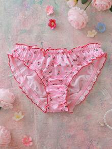 FloralLove 情人节花卉爱心印花，撞色设计，花卉蕾丝，缎面材质，荷叶边下摆，褶皱饰边，蝴蝶结点缀，浪漫露背，褶皱设计，光泽面料，浪漫礼物女士内裤 - 粉色 - 查看 6