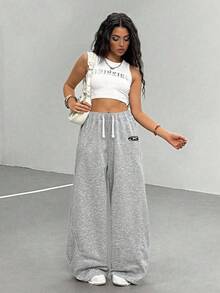 Sparklyn 少女宽松弧形运动裤，休闲时尚百搭运动长裤，适合跳舞、上学、运动 - 淺灰色 - 查看 5