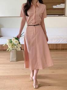 DAZY Women's Collared Waist Cinched A-Line Midi Dress, Pink, Lightweight For Commuting - Pink - View 6