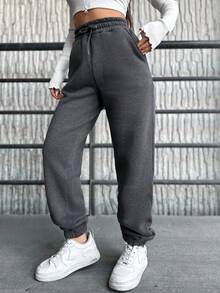 EURMUSE Drawstring Waist Solid Sweatpants - Dark Grey - View 3