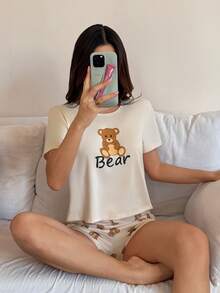 Dream Adore 熊纹短袖短裤睡衣套装 - 米色 - 查看 5