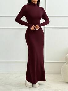 SHEIN PETITE 女士优雅纯色高领长袖修身连衣裙，春夏长裙，黑色长裙，夏季性感长裙，长袖长裙 - 酒紅色 - 查看 6
