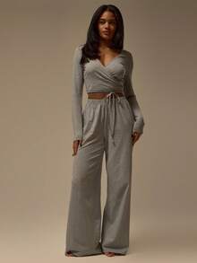 MUSERA ESSENTIALS Wrap Around Tie Long Sleeve Ballet Style Cotton Lounge Top Coord Top Only Winter Cosy Lounge Cute Everyday Lounge  Essential Valentines Day Spring - Grey - View 5