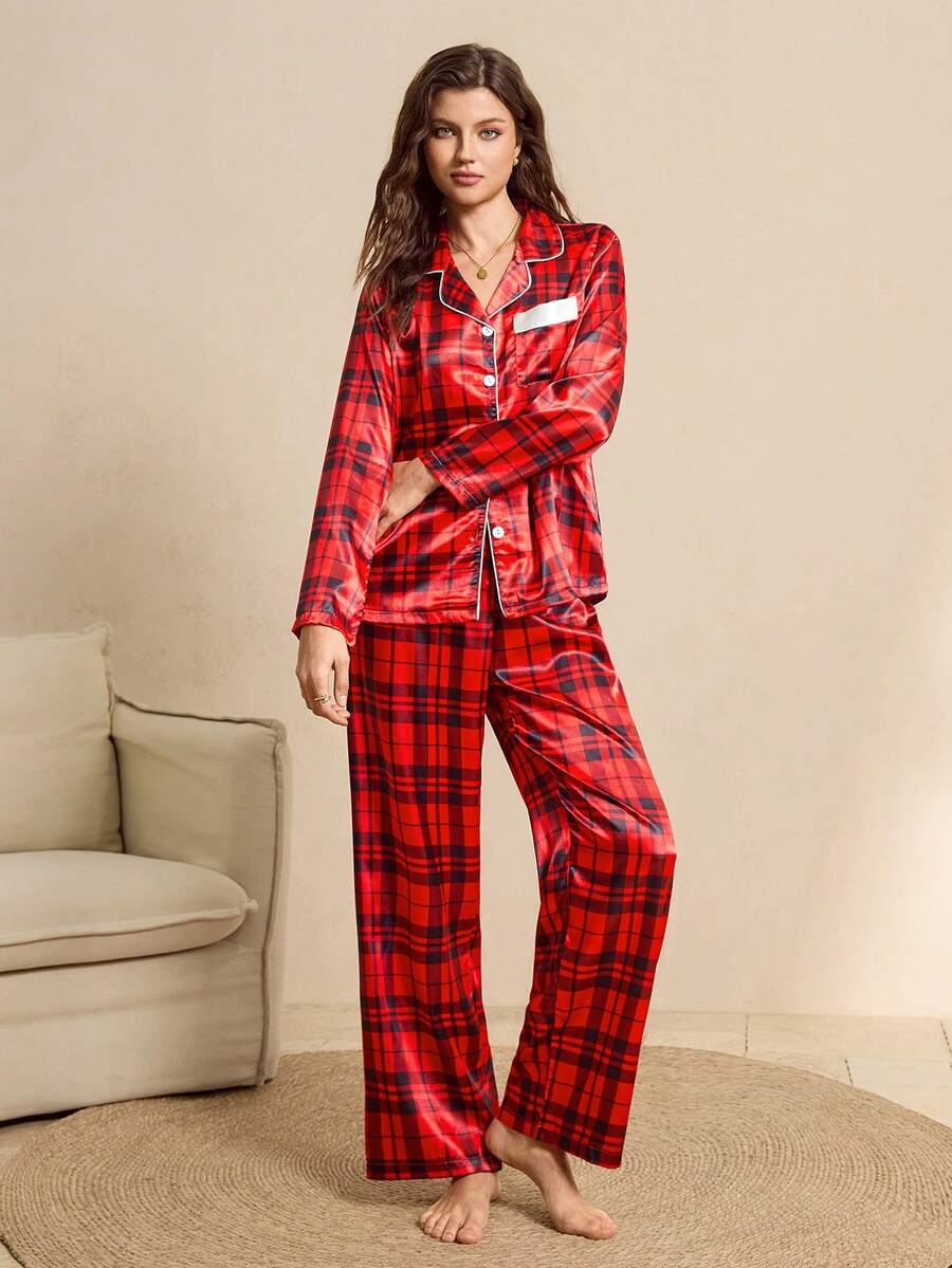 Classic British Plaid Open Front Lapel Casual Women Pajama Set, Long Sleeve & Long Pants, Suitable For Outerwear - Red - View 1