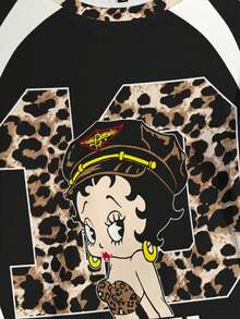 Betty Boop x SHEIN Plus Size Summer Casual Patchwork Leopard Print Cartoon Pattern Round Neck Short Sleeve T-Shirt - White - View 3