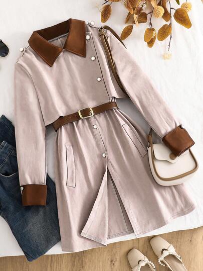 Teen Girl Lapel Single-Breasted Slit Fashionable Versatile Vacation Party Long Sleeve Coat