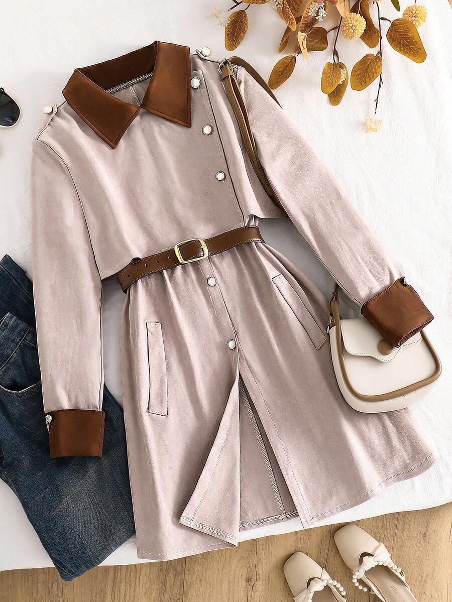 Teen Girl Lapel Single-Breasted Slit Fashionable Versatile Vacation Party Long Sleeve Coat - Camel - View 1