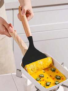 1Pc Silicone Wide Spatula Turner With Wooden Handle, Non-Stick Pancake, Fish, Egg, Cookie, Omelette Shovel, Flexible For Non-Stick Cookware (Black) - Multicolor - View 8