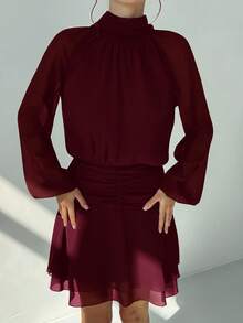 Aloruh Elegant Solid Color Mock Neck Dress, Casual & Party Wear - Rose Red - View 7