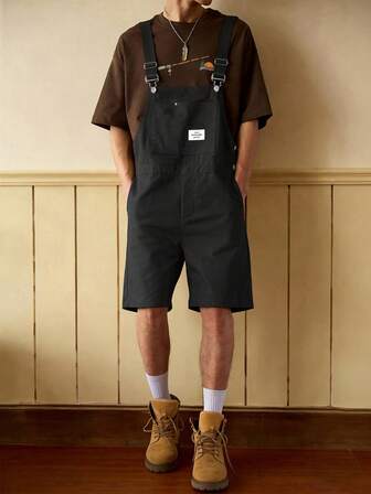  Men's Black Letter Graphic Stylish Versatile Bib Overall Shorts,Manfinity Hypemode,Mardi Gras,Streetwear,Vintage,Vacation,I Love My Boyfriend,Valentine's Day