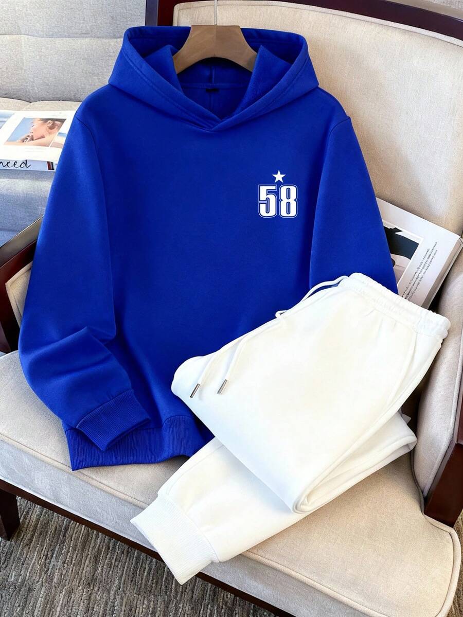 Manfinity Joysei Bộ đồ thể thao nam đơn giản gồm áo hoodie và quần nỉ trắng màu xanh ngọc, in số, thích hợp cho mùa thu/đông, hoạt động ngoài trời và chạy bộ. - Xanh và trắng - Xem 1