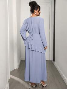 Feyla 大码女士优雅水钻装饰不对称荷叶边腰身派对连衣裙 - 藍色 - 查看 8