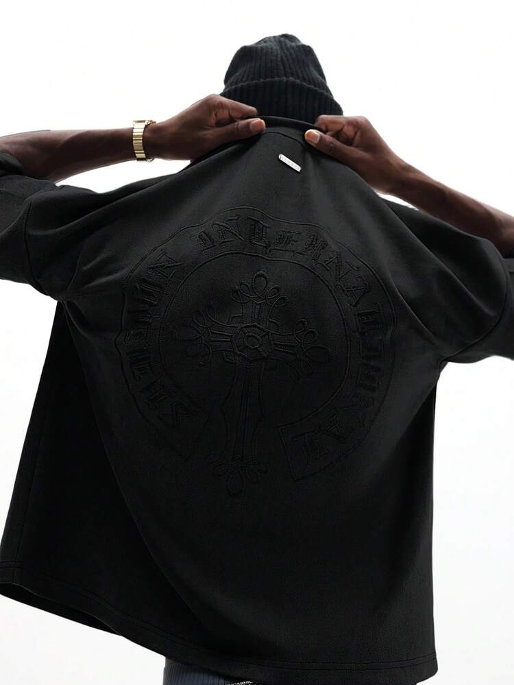 SUMWON Regular Men's Embossed Cross Detail Short Sleeve Crew Neck T-Shirt Casual Streetwear Gothic Style Tee Plain