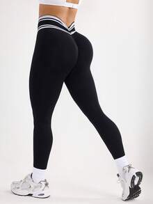 With My Calm With My Calm Women's Solid Color High Waist Elastic Leggings V-Shaped Waist Leggings Active Wear Bottoms Sports Leggings - Black - View 3