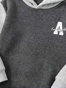 Maija Kids 2pcs/Set Young Boy Grey Patchwork English Print Hooded Sweatshirt And Sweatpants Casual Outfit - Dark Grey - View 4