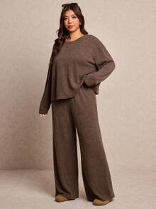Elaquor 大码女式休闲纯色上衣和裤子两件套，秋冬款 - 棕色 - 查看 4