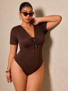 Elaquor Áo tắm liền thân ngắn tay, cổ chữ V, màu trơn, buộc dây, ôm sát dành cho nữ cỡ lớn, thích hợp cho kỳ nghỉ hè ở bãi biển. - Cà phê nâu - Xem 6
