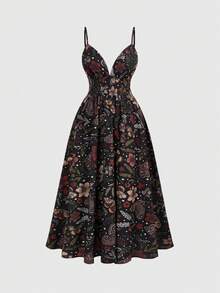 ROMWE Fairycore 大码夏季休闲碎花无袖连衣裙 - 黑色 - 查看 1