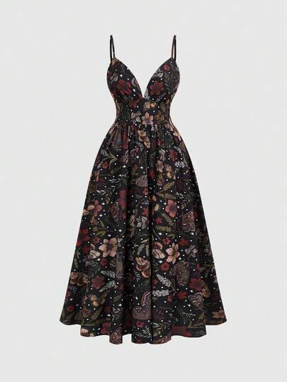 ROMWE Fairycore Spring/SummervacationflowerPlus Size Summer Casual Hippie Floral Print Sleeveless Dress, Spring