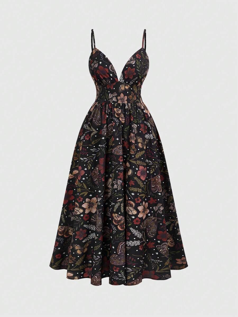 ROMWE Fairycore 大码夏季休闲碎花无袖连衣裙 - 黑色 - 查看 1