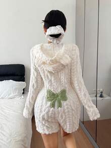 Dream Adore 动物造型连帽蝴蝶结提花抓绒女士连体睡衣 - 綠色 - 查看 6