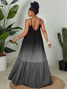 Eryvara 女士休闲度假沙滩旅行吊带圆领彩色扎染印花波西米亚风拼接A字荷叶边长裙，适合所有季节 - 灰色 - 查看 2