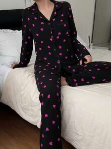 Dream Adore Bộ đồ mặc nhà in hình trái tim nhăn nhẹ dành cho nữ, thích hợp mặc trong nhà và ngoài trời. - màu đen - Xem 7