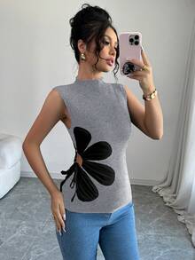 Selianne 返校季可爱花卉装饰抽绳女式背心 - 灰色 - 查看 3
