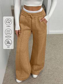 SHEIN Tall Cottnline Women Belt Detailed Wide Leg Grey Melange Sweatpant - Camel - View 1